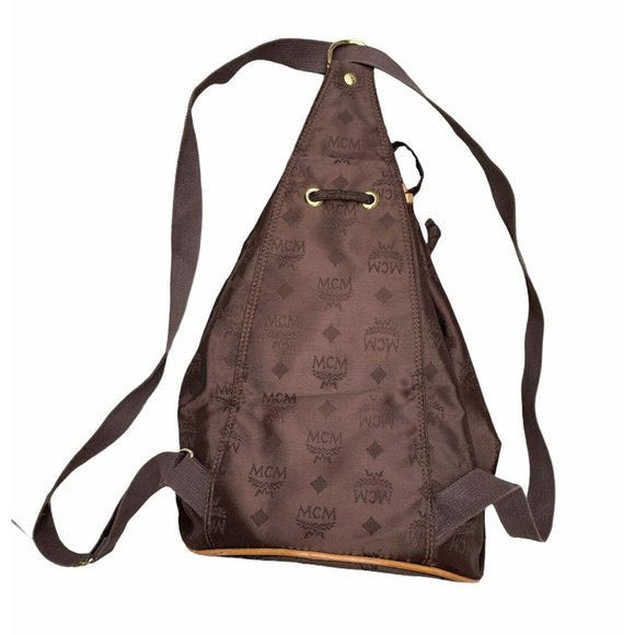 Vintage MCM ~ Brown Logo Nylon Drawstring Sling Backpack Bag ~ Hand Made main image 6
